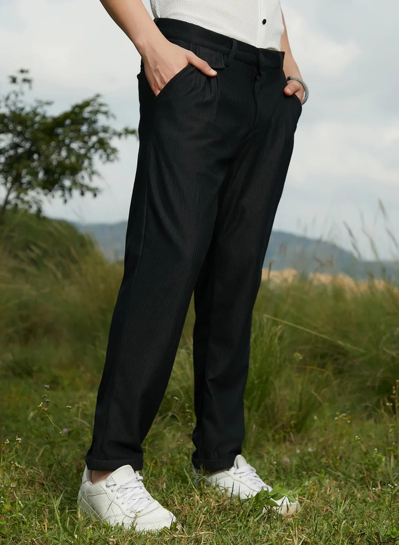 CAHOOT  Men's Midnight Black Corduroy Tailored Trousers For Casual Wear | Mid-Rise | Regular Fit | Button Closure | Trousers Crafted With Comfort Fit For Everyday Wear for Men | Best Price UAE